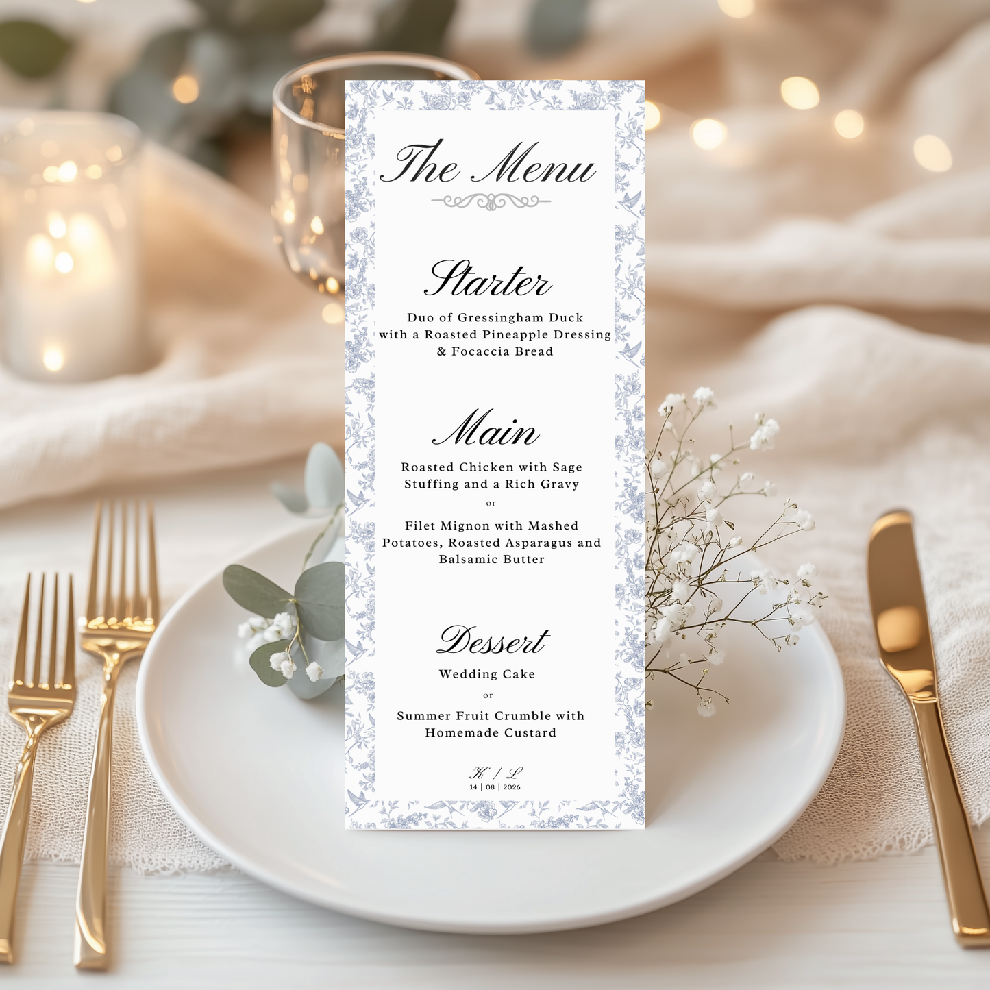 Vintage Blue Personalised Wedding Menu