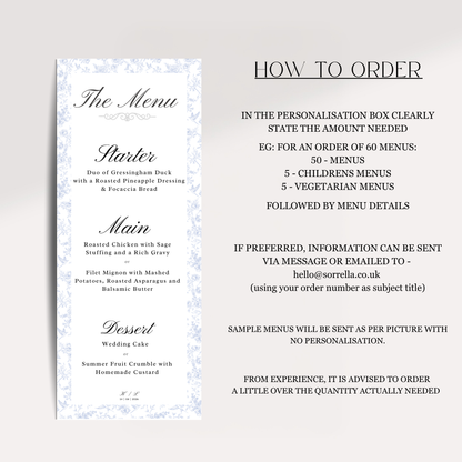 Vintage Blue Personalised Wedding Menu