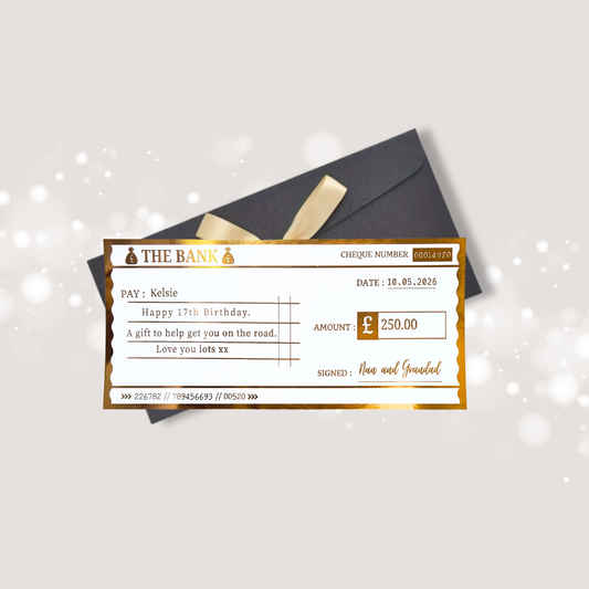 Personalised Gift certificate resembling a bank cheque with an envelope 