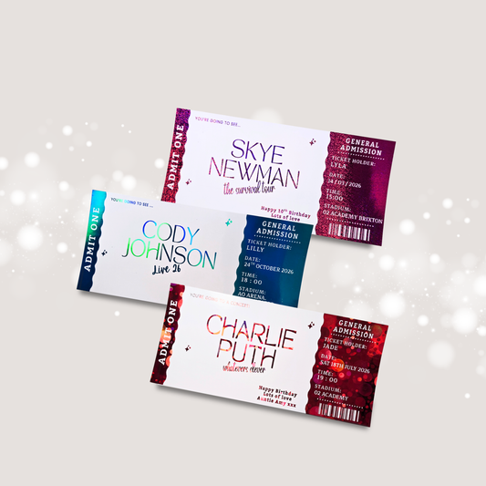 Personalised Concert Ticket featuring the Artists name and tour name. Also includes details such as name, date, time, venue and a short message