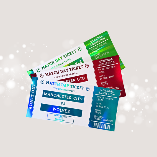 Personalised football or Rugby match ticket. Includes both teams that are playing, date, time and location