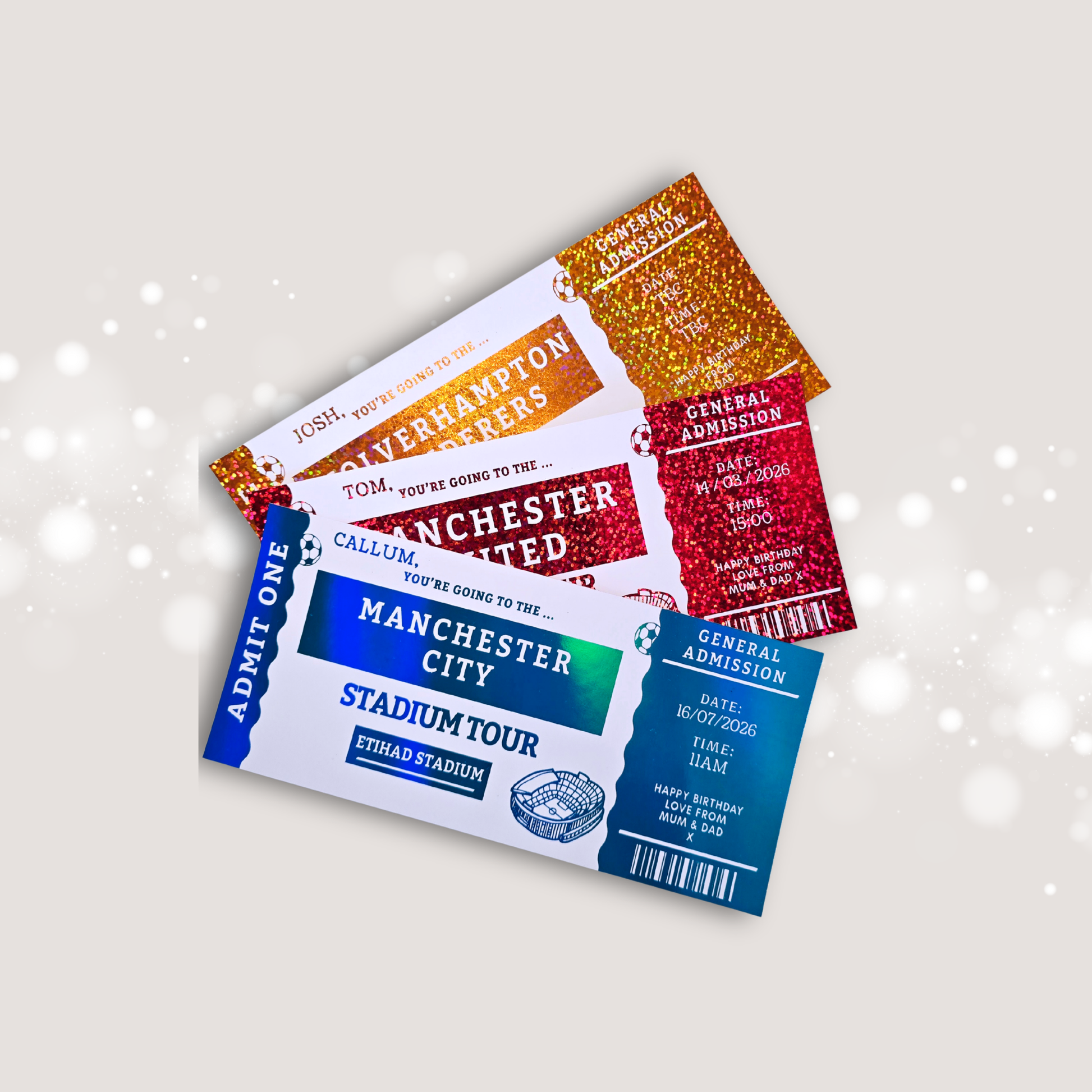 Colorful tickets for a Football stadium tour.
