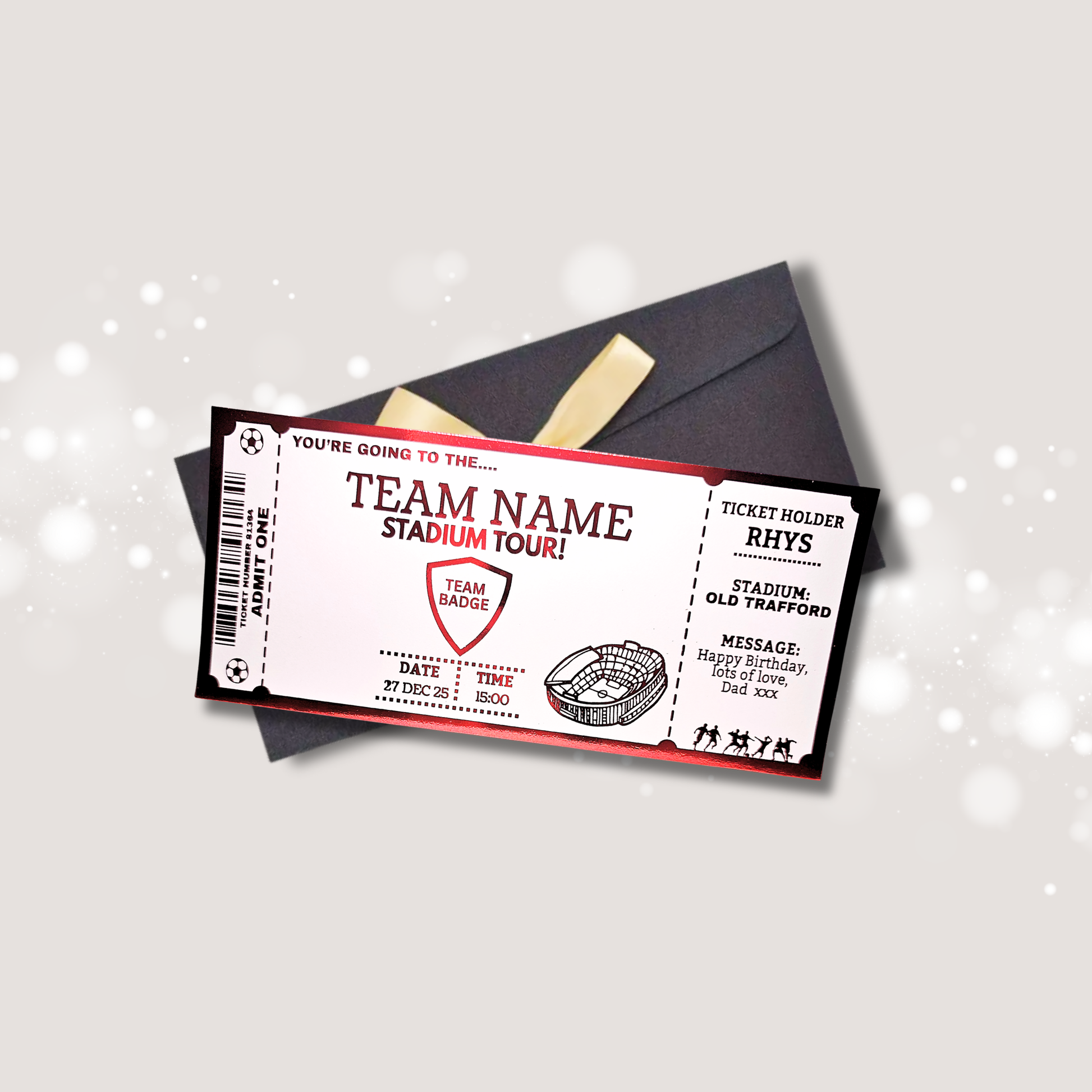 Ticket-style invitation for a Football stadium tour