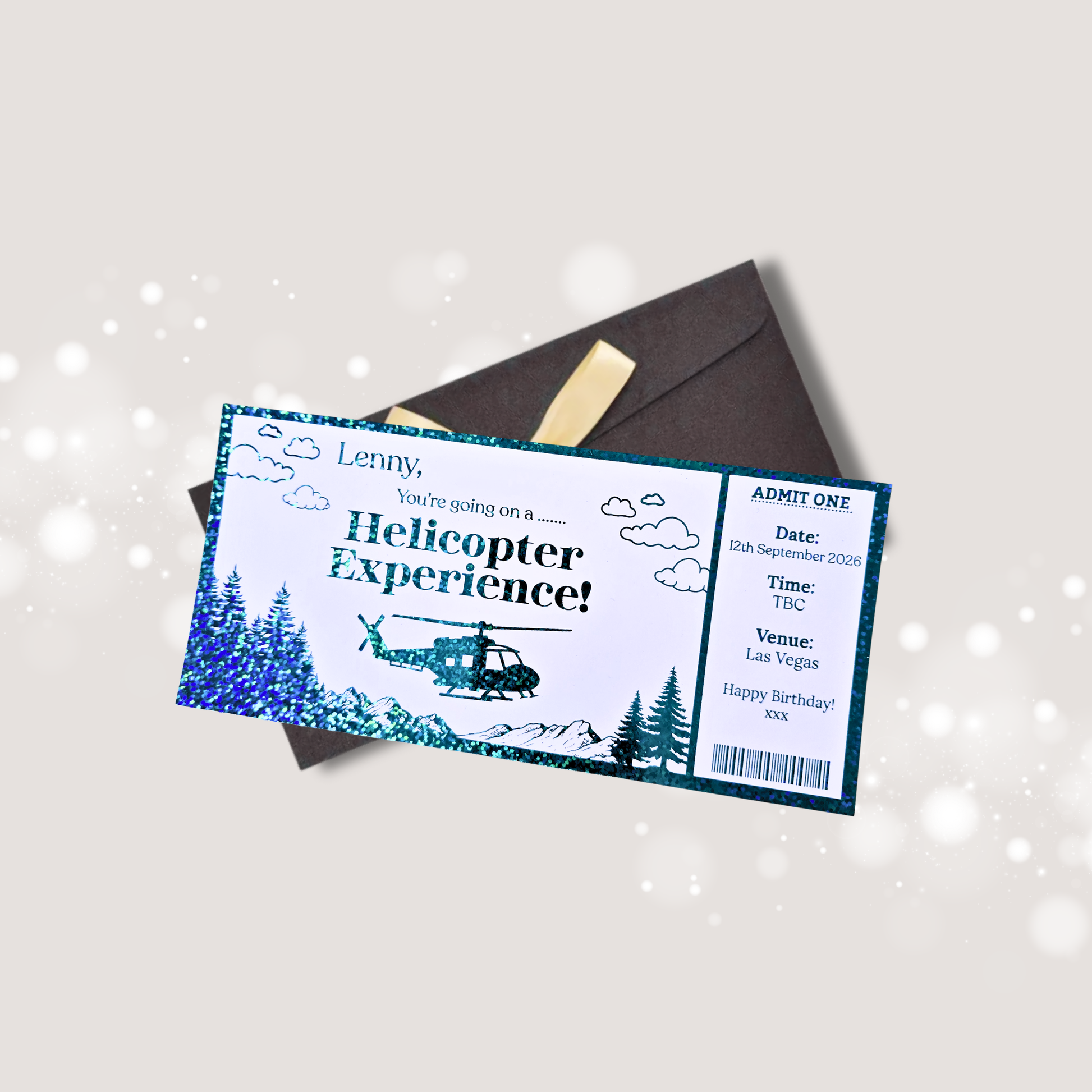 Personalised Helicopter ride ticket.