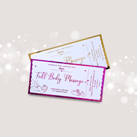 Personalised Massage voucher. Includes the name of what treatment is being gifted, the venue and date/ time (optional) as well as a short personal message