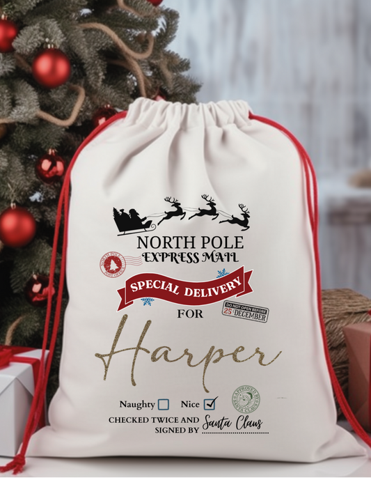 Personalized Christmas gift bag with festive design in front of a decorated tree.