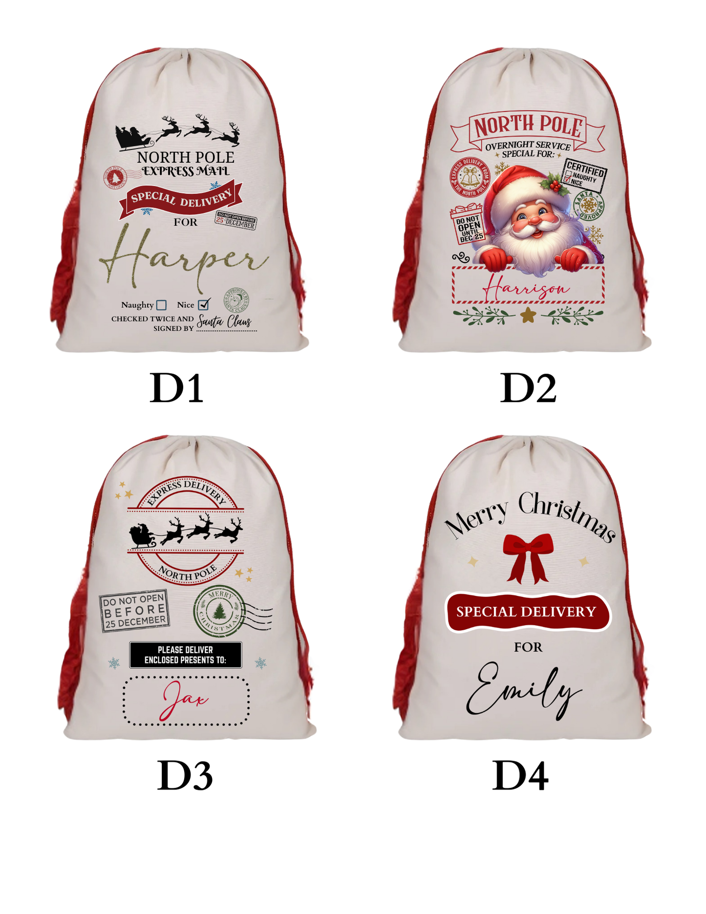 Four Christmas-themed sacks with personalized text on a white background