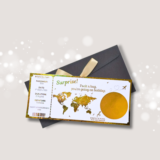 Travel-themed scratch-off card with world map design. 
Includes trip information and the destination under a scratch reveal panel