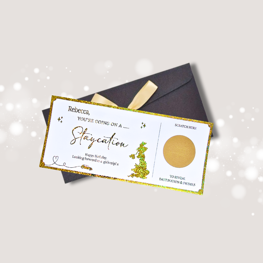 Personalised Staycation Travel Ticket. Includes a short message and under the scratch reveal shows destination 