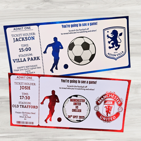 personalised football match ticket. With scratch reveal 